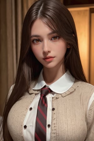 photorealistic, masterpiece, best quality, raw photo, 1girl, medium breasts, long hair, brown hair, collared shirt, looking at viewer, dynamic lighting, in the dark, deep shadow, low key, intricate detail, detailed skin, pore, highres, hdr, Aloof, white hair, red eyes, director-general，cool