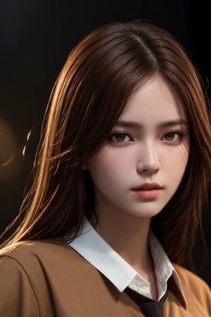 photorealistic, masterpiece, best quality, raw photo, 1girl, medium breasts, long hair, brown hair, collared shirt, looking at viewer, dynamic lighting, in the dark, deep shadow, low key, intricate detail, detailed skin, pore, highres, hdr