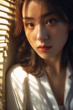 photorealistic, masterpiece, best quality, raw photo, 1girl, medium breasts, long hair, brown hair, collared shirt, looking at viewer, dynamic lighting, in the dark, deep shadow, low key, intricate detail, detailed skin, pore, highres, hdr, Aloof, white hair, red eyes, director-general，cool