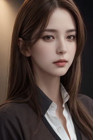 photorealistic, masterpiece, best quality, raw photo, 1girl, medium breasts, long hair, brown hair, collared shirt, looking at viewer, dynamic lighting, in the dark, deep shadow, low key, intricate detail, detailed skin, pore, highres, hdr