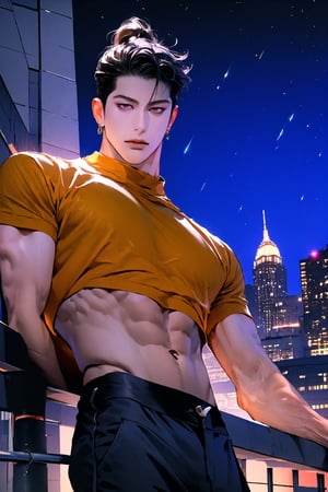 Masterpiece, Best Quality, (8k resolution), (ultra-detailed), perfection, 1boy, handsome, male, neat black ponytail, purple eyes, korean, muscular. wearing gold earrings, gold circle glasses, sheer black crop top and tight leather black pants. he is leaning on a rail. background is asian city at night. full body. dutch angle from below.