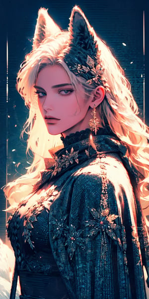 Extremely detailed, realistic, single,
Official art, extremely detailed, extremely realistic, Scandinavian beauty, beautifully detailed eyes, delicate and exquisite nose, delicate fingers, luscious body, wearing extremely detailed luxury female Princess Albert coat, high quality, beautifully detailed long white hair, She has white fox ears and tail. 1 cool girl 