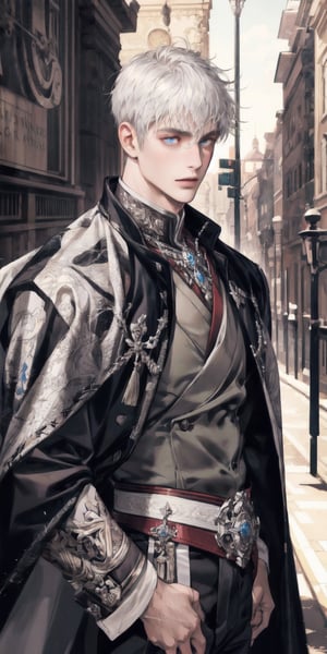 Extreme detailed,Realistic,solo,
official art, extremely detailed, Extreme Realistic,  Nordic beautiful teen boy,beautifully detailed eyes, detailed fine nose, detailed fingers,muscle body, wearing extremely detailed luxury male Prince Albert coat, high quality, beautiful high Detailed white short hair,