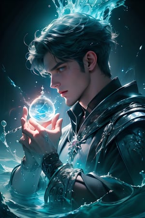 (masterpiece, best quality:1.4),(absurdres, highres, ultra detailed:1.2), (1 handsome man:1.4),(using dark magic:1.4),water magic,playful illustrations, imaginative overlays, artistic fusion,fantastical scenes, evocative narratives, striking visuals, upper body
