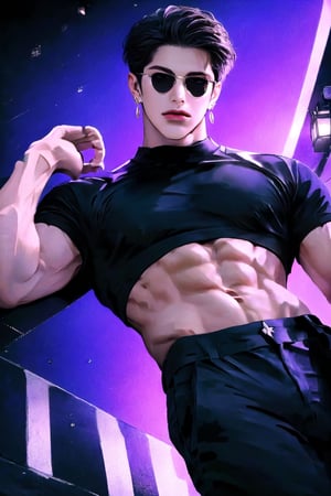 Masterpiece, Best Quality, (8k resolution), (ultra-detailed), perfection, 1boy, handsome, male, neat black ponytail, purple eyes, korean, muscular. wearing gold earrings, gold circle glasses, sheer black crop top and tight leather black pants. he is leaning on a rail. background is asian city at night. full body. dutch angle from below.