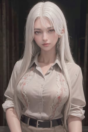 photorealistic, masterpiece, best quality, raw photo, 1girl, medium breasts, long hair, brown hair, collared shirt, looking at viewer, dynamic lighting, in the dark, deep shadow, low key, intricate detail, detailed skin, pore, highres, hdr, Aloof, white hair, red eyes, director-general，cool