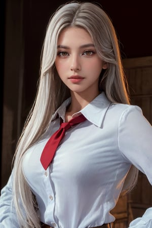 photorealistic, masterpiece, best quality, raw photo, 1girl, medium breasts, long hair, brown hair, collared shirt, looking at viewer, dynamic lighting, in the dark, deep shadow, low key, intricate detail, detailed skin, pore, highres, hdr, Aloof, white hair, red eyes, director-general，cool