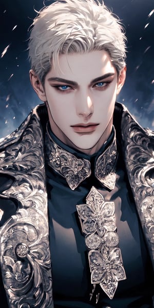 Extreme detailed,Realistic,solo,
official art, extremely detailed, Extreme Realistic,  Nordic beautiful teen boy,beautifully detailed eyes, detailed fine nose, detailed fingers,muscle body, wearing extremely detailed luxury male Prince Albert coat, high quality, beautiful high Detailed white short hair,