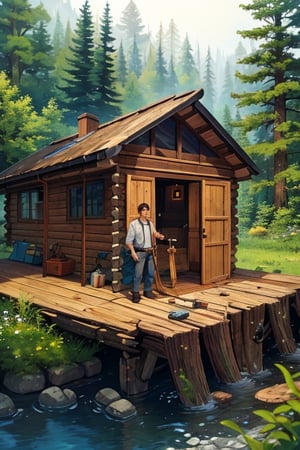 A short-haired man builds a log cabin in the wild forest, holding an axe in his left hand and a saw in his right.