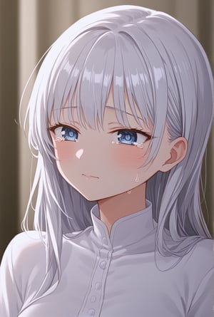 A beautiful Anime girl with white long hair,
tears on face, focus on eyes, blue eyes, detail in eyes,
white dress,
sad,
in the dark,
romantic atmosphere and blurred lighting