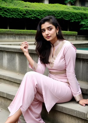  Lovely cute hot Alia Bhatt, acute an Instagram model 22 years old, full-length, long blonde_hair, black hair, is sitting
on curzon hall dhaka university with friends, Dhaka, wearing a pink color salwar kameez