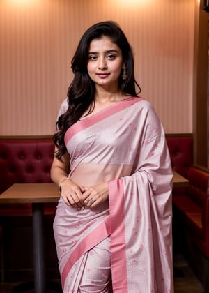 Lovely cute hot Alia Bhatt, acute an Instagram model 22 years old, full-length, long blonde_hair, black hair, They are wearing a Pink Floral Woven Design Saree. The background cafe drinking water. indian cafe