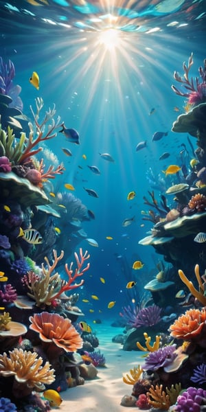 Underwater game background, /top-down view, vibrant coral reefs, diverse fish species, sun rays penetrating the water, creating a magical underwater atmosphere, colorful sea plants swaying gently, clear blue water, adding depth and realism to the scene.