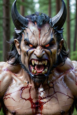 demon, un hombre lobo super poderoso muy enojado y furioso cuerpo musculoso con sangre entre sus dientes y manos, deborador de humanos con rabia en un bosque tenebroso,.raw, 8k, hiper realista,