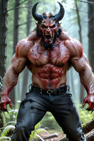 full body shot demon, un hombre lobo super poderoso muy enojado y furioso cuerpo musculoso con sangre entre sus dientes y manos, deborador de humanos con rabia en un bosque tenebroso,.raw, 8k, hiper realista,