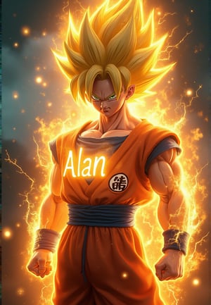 foto ultra realista de goku en super sajayin fase 3 sostiene en su mano un texto que dice "ALAN" suspendido entre sus manos de fondo energia estelar cosmica rayos y centellas, electrico amarillo, goku fase 3, 32k raw
camara profesional 8k, imagen hiper realista, detalles nitido, textura a detalle de piel, formato .raw,photorealistic