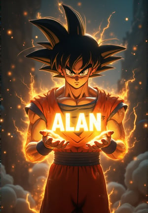 foto ultra realista de goku en super sajayin fase 3 sostiene en su mano un texto que dice "ALAN" suspendido entre sus manos de fondo energia estelar cosmica rayos y centellas, electrico amarillo, goku fase 3, 32k raw
camara profesional 8k, imagen hiper realista, detalles nitido, textura a detalle de piel, formato .raw,photorealistic