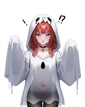 score_9, score_8_up, score_8, goth woman, red hair, choker, pantyhose, small chest, white background, ghost costume