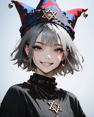 lyco:MayuraV1-10:0.7 short hair.jester cap,jewelry,hat,plaid,hexagram.grey hair, (best quality, masterpiece, RAW photo,ultra-detailed:1.2), lyco:GoodHands-beta2:1.0, 1girl,solo,looking at viewer,smile, white background