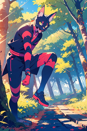 gato ninja en el bosque lanzando kunais