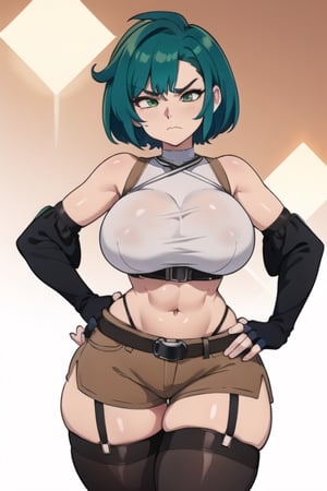 (Masterpiece),high_res,16k,1080p,HD,perfect lighting,curvy,big_breasts,thick_hips,thick_thighs,thicc,short-hair,green_eyes,green_hair,grumpy face,eyes_half-closed,averting_eyes,exposed_midriff,booty_shorts,brown shorts,black,stockings,long_gloves,black_gloves,fingerless_gloves,midriff_baring_shirt,crop_top_overhang,overhang,no_sleeves,belts,garter_strap