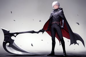 solo, looking at viewer, 1boy, holding, hair between eyes, closed mouth, standing, full body, weapon, gray hair, eyes red , male focus, boots, belt, pants, hood, medium hair, cape, black footwear, holding weapon, gradient, torn clothes, shadows background, black pants, cloak, black cape, scythe, black cloak, holding scythe, torn cape, torn,