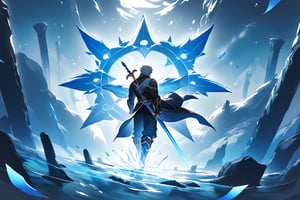 solo, arrogant smile,  short hair, white hair, spiked hair, pixie cut, bangs, blue eyes, shirt, gloves, long sleeves, 1man, huge sword,standing, white hair, male focust,muscle body, black gloves, belt, pants, blue trim, black shirt, black pants, gold trim, (Large shiny blue sword with runes on it:1.3), sword, Underwater world, Under the sea, Top-down perspective, From high above, only background, water,scenery, pillar, A deep-sea scene beneath a thick ice layer that reveals the texture and transparency of the ice, casting a cold blue hue. Below the ice, columns and structures of frozen formations create a unique under-ice landscap in background