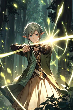 man,elf archer aiming, face radiant with seriousness and rudeness, young and handsome, slender elf, pale and beautiful, male focus, an elf archer, forest temple, well lit by fireflies