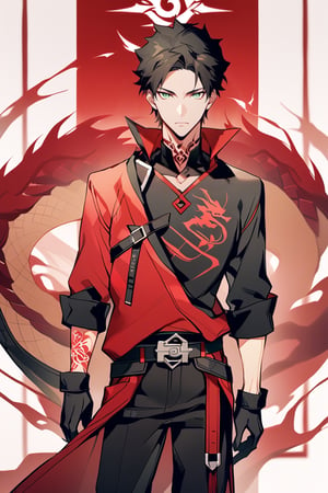 alone, short hair, black hair, emerald green eyes, red coat with black trim adorned with dragon symbols,, gloves, long sleeves, 1 man, standing, male focus, tall body, black gloves, belt, pants, black shirt, black pants, red aura, details, dragon sign tattoo, red tattoo on the neck,green eyes