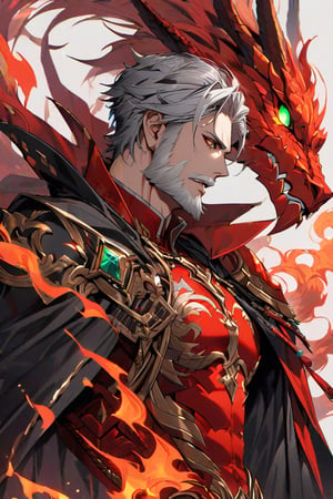 A profile view of an older gentleman, revealing part of his body and his tattoo of a red dragon on his shoulder. His hair is gray, green eyes, red Chinese shirt, black pants, with intricate red armor and a dark cape, beard, intricate details, highly detailed eyes, fire aura,Beautiful Eyes