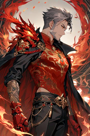 A profile view of an older gentleman, revealing part of his body and his tattoo of a red dragon on his shoulder. His hair is gray, green eyes, red Chinese shirt, black pants, with intricate red armor and a dark cape, beard, intricate details, highly detailed eyes, fire aura,Mak0
