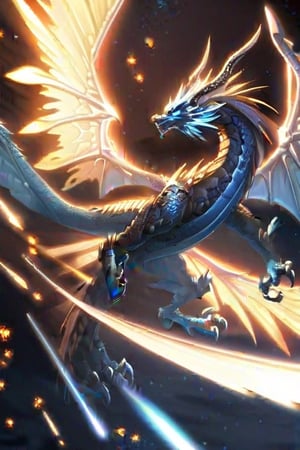 a blue silver dragon, moving tail, delicate tattered wings, glowing embers, glowing, detailed and detailed sci-fi fantasy background,,no human