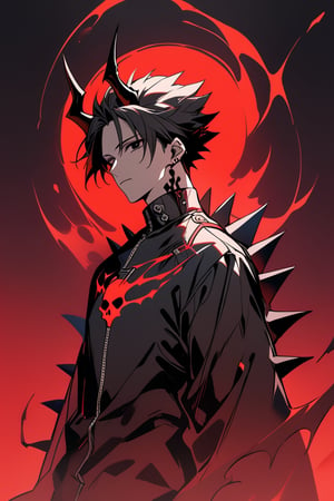 1 man, black eyes (empty stare), black horns, spiky black hair (combed back), small tattoo on the left side of his forehead, wearing black (with a black coat with skull details),red dark aura 