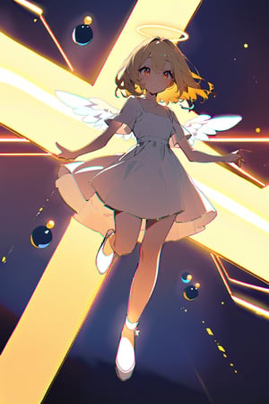 1 girl, blonde, brown eyes, cross-shaped pupils, angel wings, halo, white dress, around there are spheres of yellow light and one of these spheres floats over her hand,full body