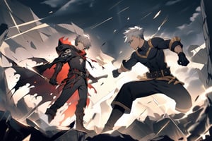 solo, looking at viewer, 1boy, holding, hair between eyes, closed mouth, standing, weapon, gray hair, eyes red , male focus, boots, belt, pants, hood, medium hair, cape, black footwear, holding weapon, gradient, torn clothes, gradient background, black pants, cloak, black cape, scythe, black cloak, holding scythe, torn cape, torn