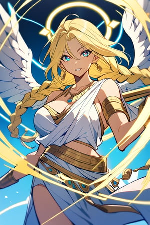 1 woman, cyan eyes (cross-shaped pupils), yellow hair, long hair, braids, gold earrings, necklace, large breasts, (white Greek style toga), angel wings, halo, yellow lazers,niji6