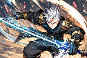 solo, arrogant smile, short hair, white hair, spiked hair, bangs, blue eyes, defined muscles, shirt, gloves, (in combat position): 1.2, wielding a runic sword, long sleeves, 1man, standing, very thin, white hair, male focust, black gloves, belt, pants, blue trim, black shirt, black pants, gold trim, (Large shiny blue sword with runes, glowing sword,DonMD34thKn1gh7XL,Beautiful Eyes