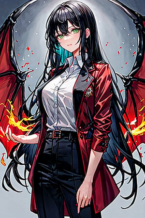  1girl, long black hair (with fiery red tips), emerald green eyes, elegant red jacket with a dragon logo, black trousers, color correction, appropriate lighting settings,