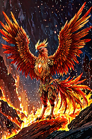 a phoenix, a large bird, with orange and red feathers, wings wrapped in fire, glowing embers, glowing, detailed sci-fi fantasy background,gbaywing,potma style,DRG