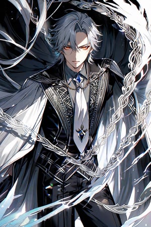 an older man,aristocrat, His hair is gray, red eyes, gray shirt, black pants, with an intricate dark cape, silver necklace, white tie, intricate details, very detailed eyes, silver aura, Beautiful Eyes.