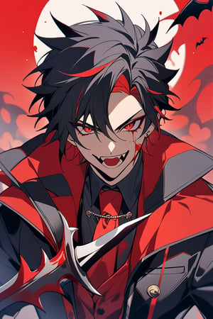1 man, crimson eyes (crazy look), vampire fangs, spiky black hair (with red hair tips), wearing blue (with an elegant black coat with blood stains), bat wings sword dripping blood,red dark aura ,BloodOnScreen,