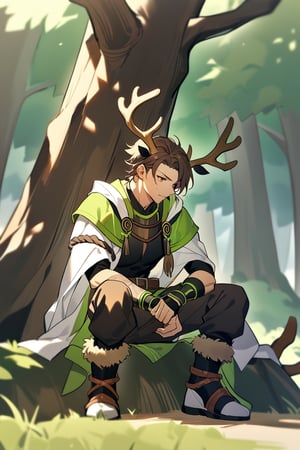 1 man, brown hair with lime green streaks, bright lime green eyes, with elk antlers made of sharp wooden branches, warrior druid clothing, sitting under the shade of a tree, tall stature, athletic body, white coat crop top belt pants armor