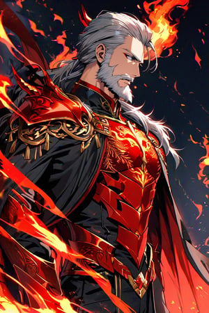 A profile view of an older gentleman, revealing part of his body and his tattoo of a red dragon on his shoulder. His hair is gray, green eyes, red Chinese shirt, black pants, with intricate red armor and a dark cape, beard, intricate details, highly detailed eyes, fire aura,Beautiful Eyes