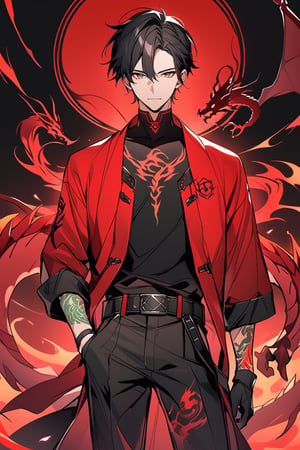 alone, short hair, black hair, emerald green eyes, red coat with black trim adorned with dragon symbols,, gloves, long sleeves, 1 man, standing, male focus, tall body, black gloves, belt, pants, black shirt, black pants, red aura, details, dragon sign tattoo, red tattoo on the neck,Mak0