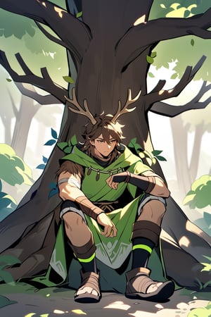 1 man, brown hair with lime green highlights, bright lime green eyes, with deer antlers made of wooden branches, warrior druid clothing, sitting under the shade of a tree, tall stature, athletic body