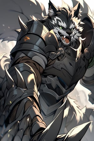 1 man, gray and black hair, with wolf ears, shows his fangs and claws, green eyes, metal armor,knight