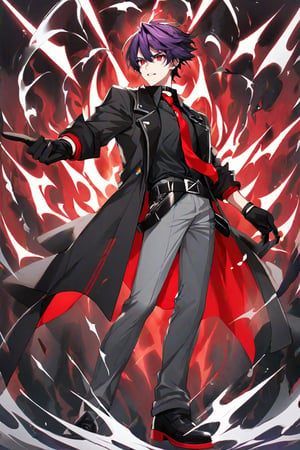 1 boy, black and purple hair, multicolored hair, short hair, red eyes, collared shirt, red tie, black gloves, choker, black belt, black coat, boots, gray pants, rolled up sleeves, jacket, with a displeased expression,aura red,sieghart