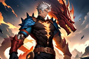 man , arrogant smile,  short hair, white hair, spiked hair, pixie cut, bangs, blue eyes, shirt, gloves, long sleeves, 1man,, closed mouth,muscle body, standing, white hair, male focus, cowboy shot, black gloves, belt, pants, blue trim, black shirt, black pants, gold trim , The dark and stormy sky reflects the intensity of the combat1dragon lower its head, at night, gently, epic fantasy card game art, highly detailed fantasy art, detailed digital 2d fantasy art, epic fantasy artwork, detailed fantasy art, epic fantasty card game art, Dungeons&Dragons Fantasy Art, hyperrealistic d & d fantasy art, symmetrical spectacular fantasy art, cyborg dragon portrait,leviathandef
