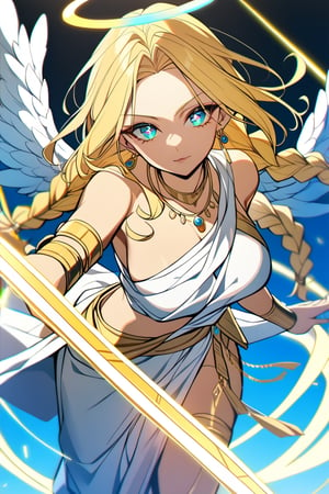 1 woman, cyan eyes (cross-shaped pupils), yellow hair, long hair, braids, gold earrings, necklace, large breasts, (white Greek style toga), angel wings, halo, yellow lazers,niji6