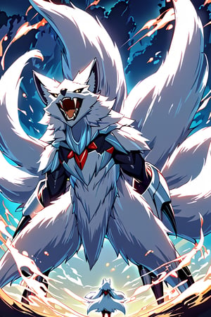a fox, colossal in size, nine tails, kitsune, white fur, monstrous fijura, fangs and claws,Anime 